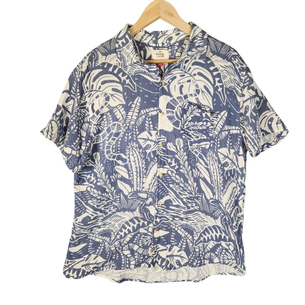 Marine Layer Button Down Shirt Men's M/L Blue White Tropical Print Gauze Cotton
